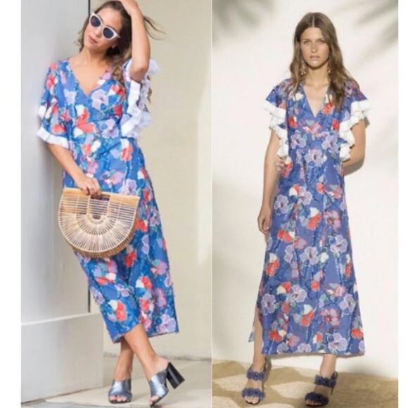 Tory Burch Natalie Floral Midi Resort Dress Ruffle Trim Blue Size 0 - Picture 1 of 14